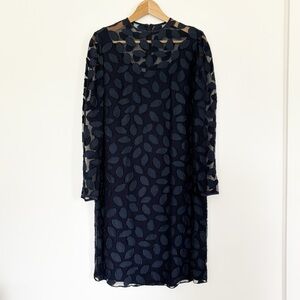 100% silk sheer floral applique leaves long sleeve navy shift dress avant garde